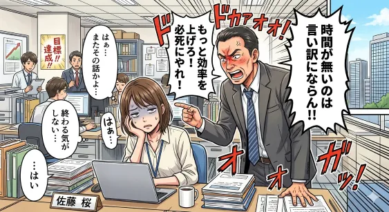 力説する上司とうんざりしながら聞く部下
